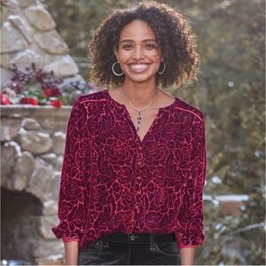 Sundance | Crushed Velvet Obsession Button Down Blouse Red Silk Blend Sz M